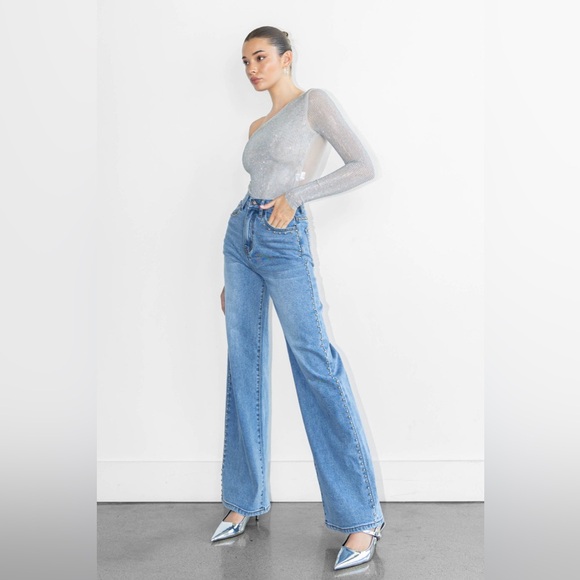 None Denim - Studded women’s jeans‎ Wide Leg edgy moto statement metallic bold festival